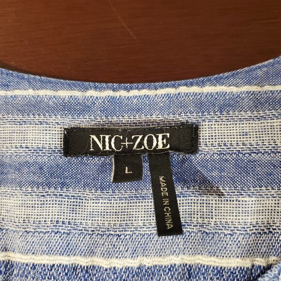 Nic + Zoe Freshwater Striped Linen Tunic Top Size L Blue Boho Raw Fringe Hem - Picture 8 of 11